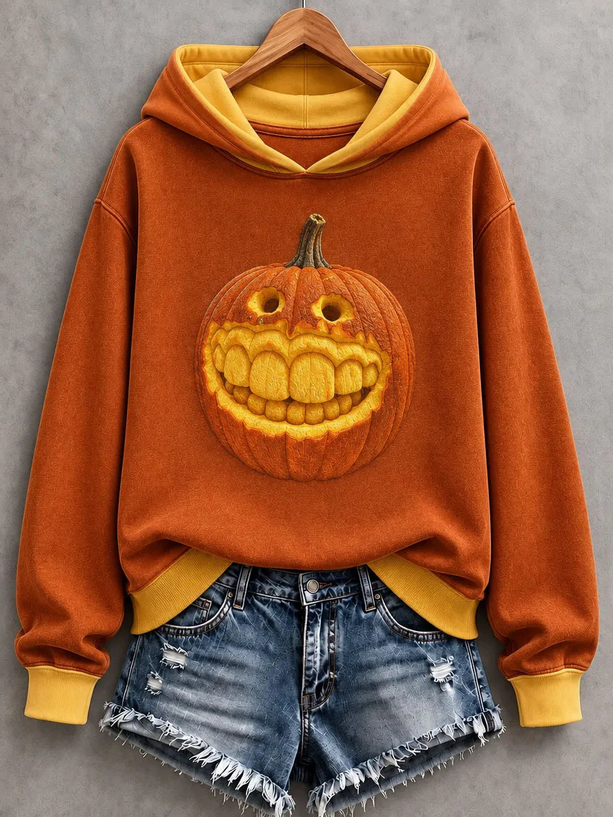 Women's Halloween Fun Steel Teeth Pumpkin Face Print Hoodie