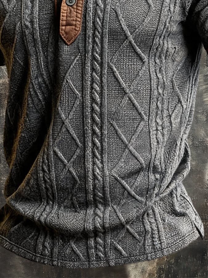 Men's Vintage-Style Jacquard Knit Henley T-Shirt