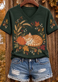 Women's Autumn Cute Cat Art Short Sleeve V Neck T-shirt