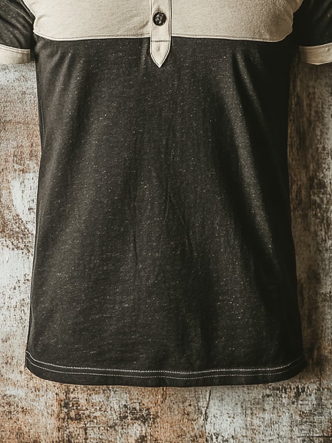 Men's casual retro color block Henley T-shirt