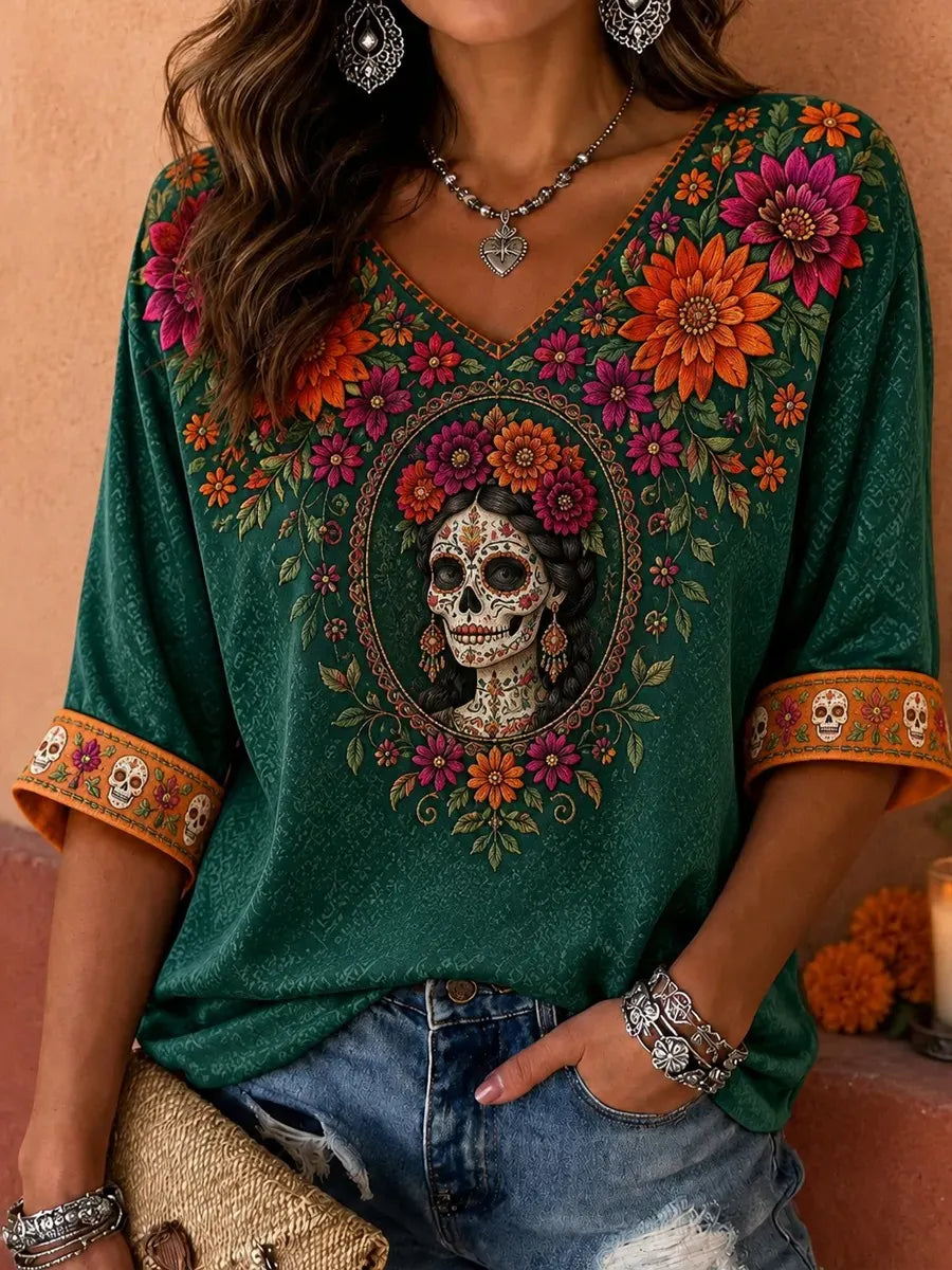 Women's Day Of The Dead Print 3/4 Sleeve V-Neck T-Shirt