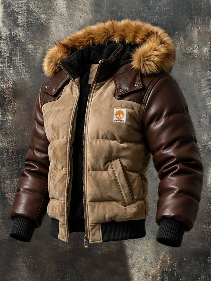 Men’S Vintage-Style Fleece-Lined Hooded Jacket With Contrast Leather Paneling (Detachable Fur Collar)