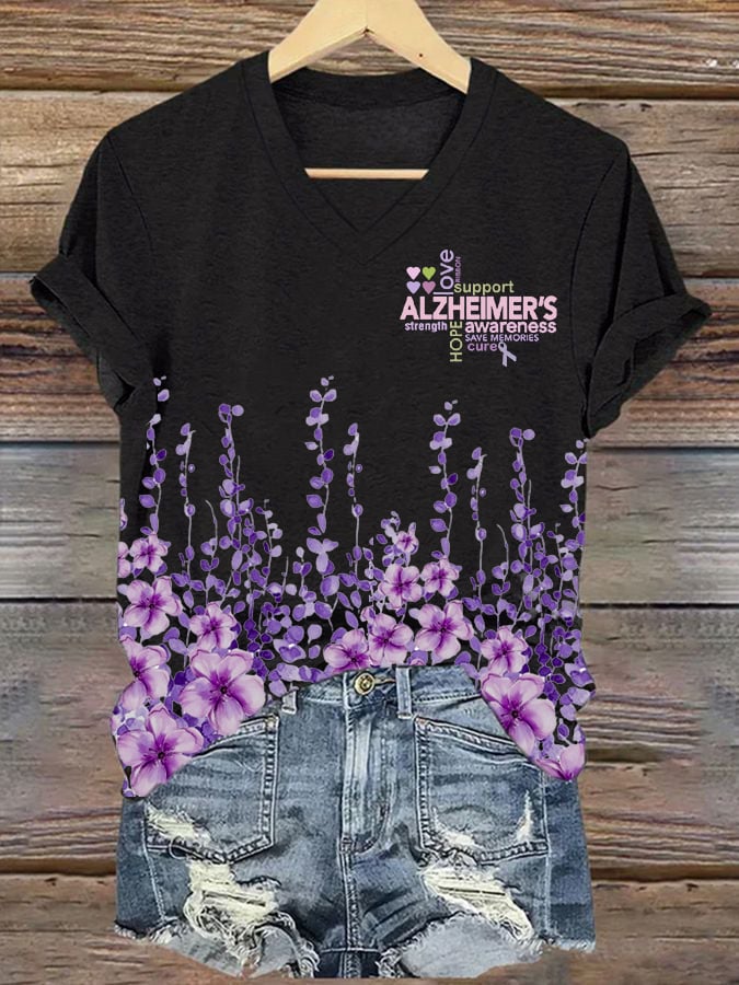 Women's Alzheimer's Disease Awareness Floral Print V-Neck T-Shirt