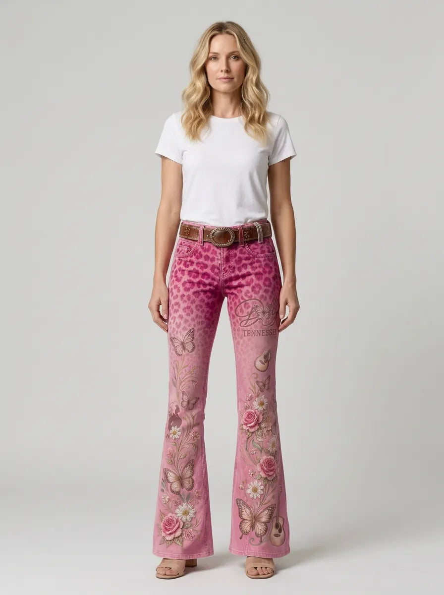 Women's Dolly Parton Tennessee 9to5 Butterfly Rose Guitar Printed Flare Pants