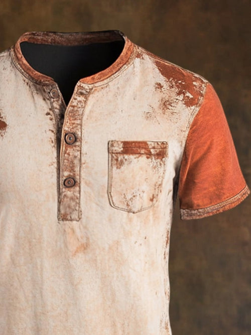 Men's classic casual retro style Henley T-shirt with color block