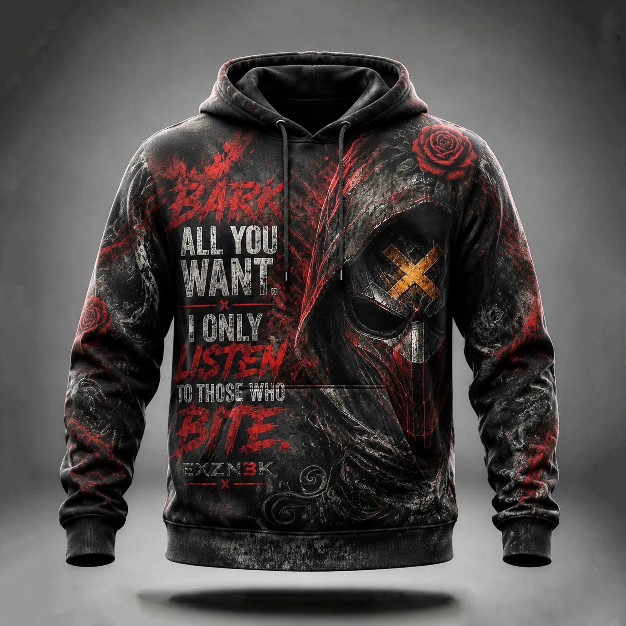 Vintage Washed Distressed Death Warrior Rose Pattern Gothic Skull Hoodie With Inspirational Quotes