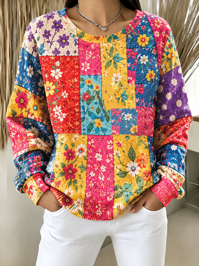 Women's Casual Printed Waffle Long-Sleeve Top
