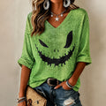 Women's Halloween Pumpkin Face Art Waffle Casual V-neck Short Sleeve Top