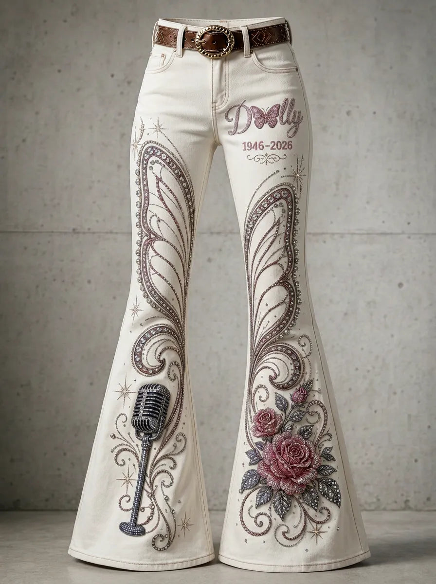 Women's Dolly Parton Butterfly Rose Microphone Printed Flare Jeans