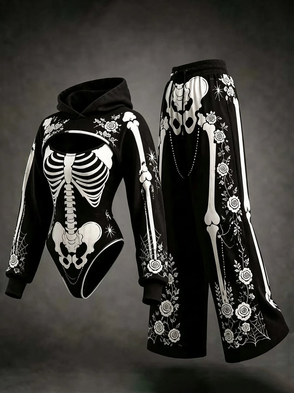 Women's Retro Halloween Skeleton Rose Print Hoodie Three-piece Set