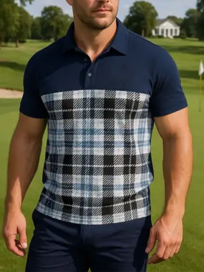 Casual, classic short-sleeved polo shirt with patchwork check pattern for men