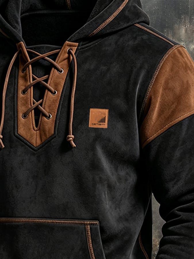 Men Lace-Up Suede Patchwork Hoodie