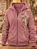 Women's Retro Cross Floral Art Print Casual Zip-Up Hoodie