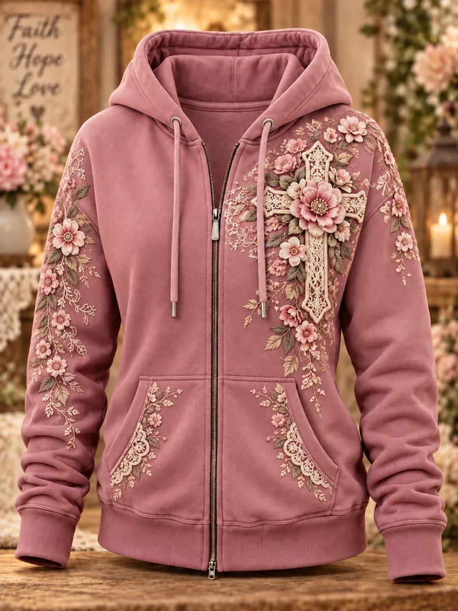 Women's Retro Cross Floral Art Print Casual Zip-Up Hoodie