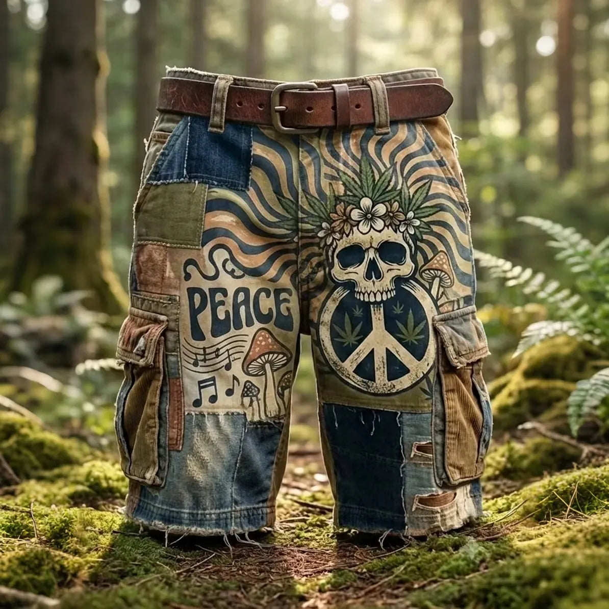 Men's Vintage Patchwork Hippie Peace Sign and Mushroom Print Cargo Shorts