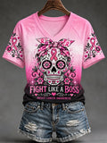 Women's Pink Ribbon Skull Print Breast Cancer Awareness Support V-Neck Tee