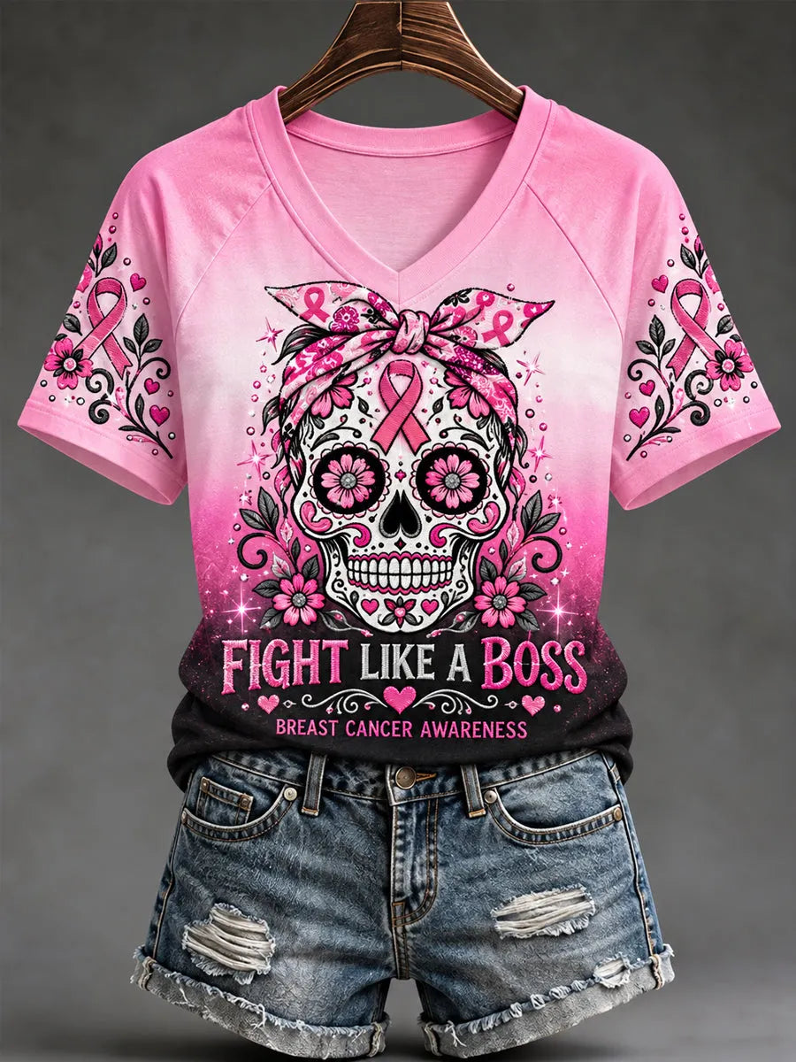 Women's Pink Ribbon Skull Print Breast Cancer Awareness Support V-Neck Tee