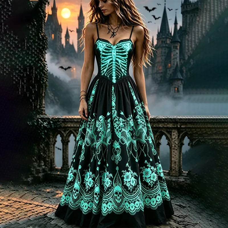 Women's Halloween Gothic Glow-in-the-dark Skull Skeleton Pattern Long Dress