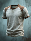 Men's round-neck T-shirt with washed seams in contrasting color in retro style, short sleeves