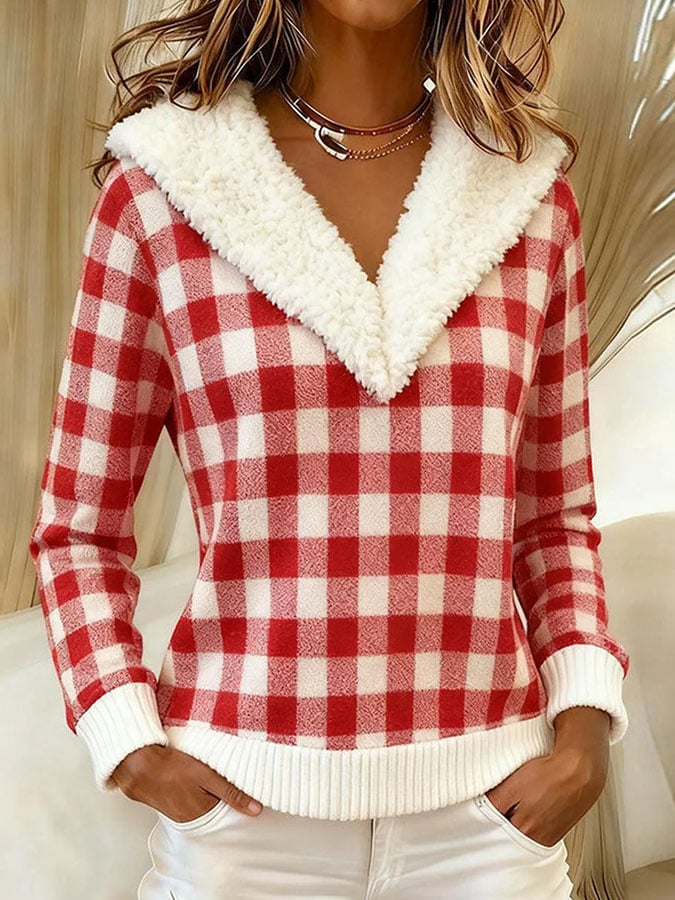 Women's Casual Christmas Print Patchwork Fur Collar Knit Top