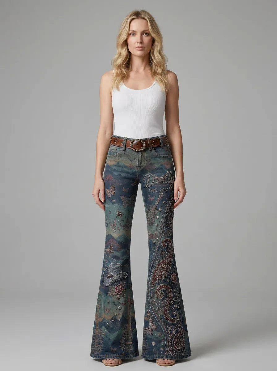 Women's Dolly Parton Butterfly Guitar Paisley Printed Flare Pants