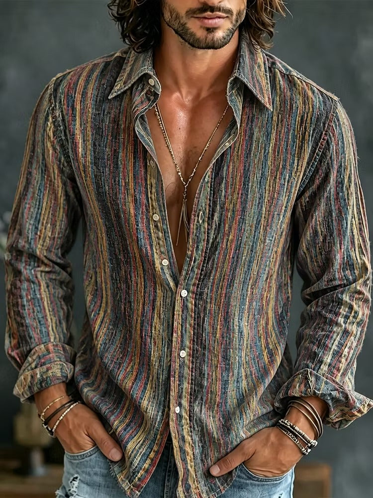 Men's Vertical Wavy Stripes Print Long Sleeve Shirt