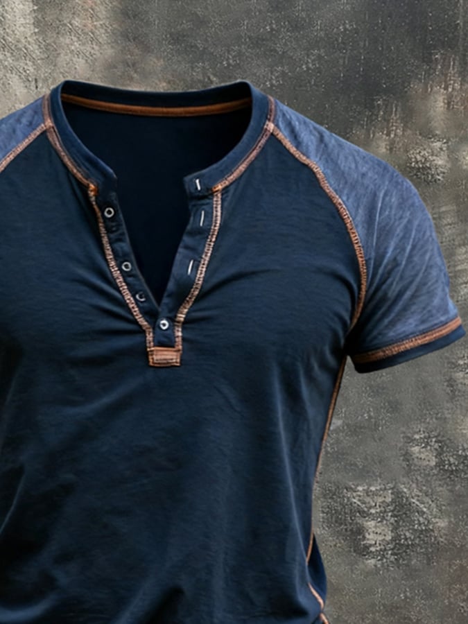 Men's Retro Color-Block Short-Sleeve Henley Shirt