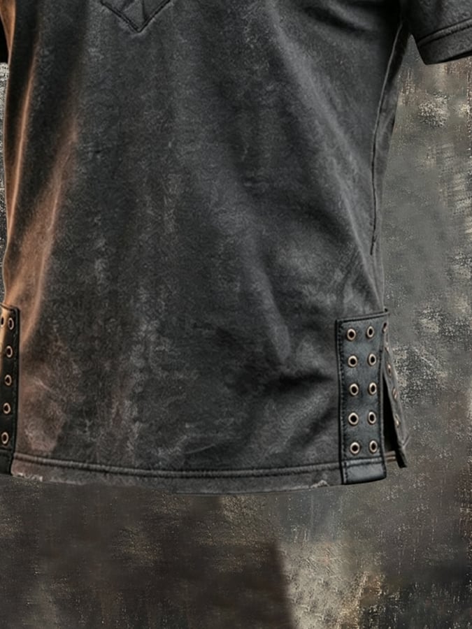 Men's Vintage Cotton-Leather Panel Henley T-Shirt