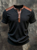Men'S Retro Color-Block Short-Sleeve Henley T-Shirt With Waffle Knit And Leather Paneling