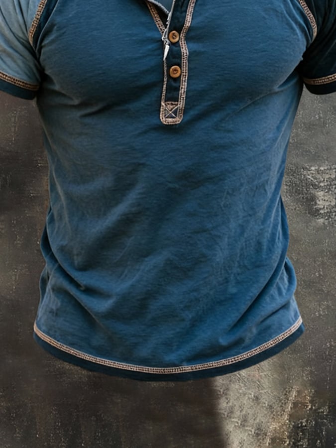 Men's Retro Color-Block Short-Sleeve Henley Shirt