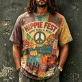 Men's Peace Love Music Guitar Print Crew Neck Short Sleeve T-Shirt