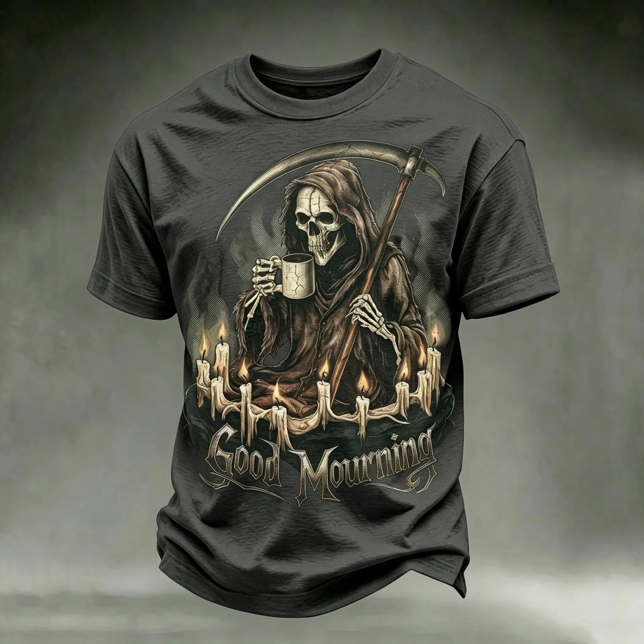 Men's Retro Halloween Theme Skull And Grim Reaper Print T-shirt