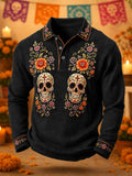 Men's Day Of The Dead Twin Sugar Skulls And Vibrant Florals Print Long Sleeve Polo Shirt