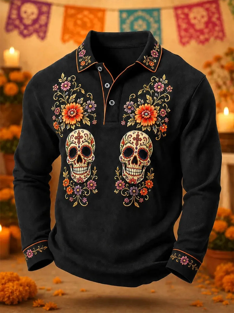 Men's Day Of The Dead Twin Sugar Skulls And Vibrant Florals Print Long Sleeve Polo Shirt