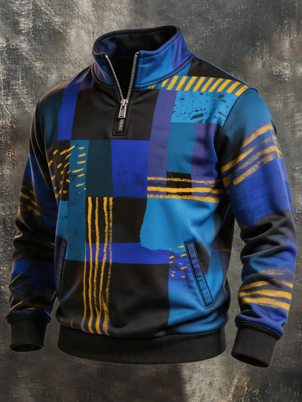 Men's Retro Color-Block Half-Zip Sweatshirt with Pockets