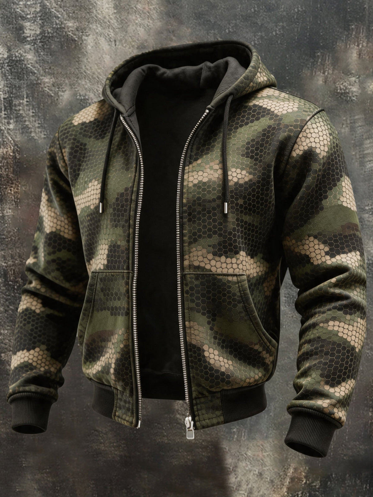 Men's Vintage Camouflage Print Hooded Zip-Up Jacket