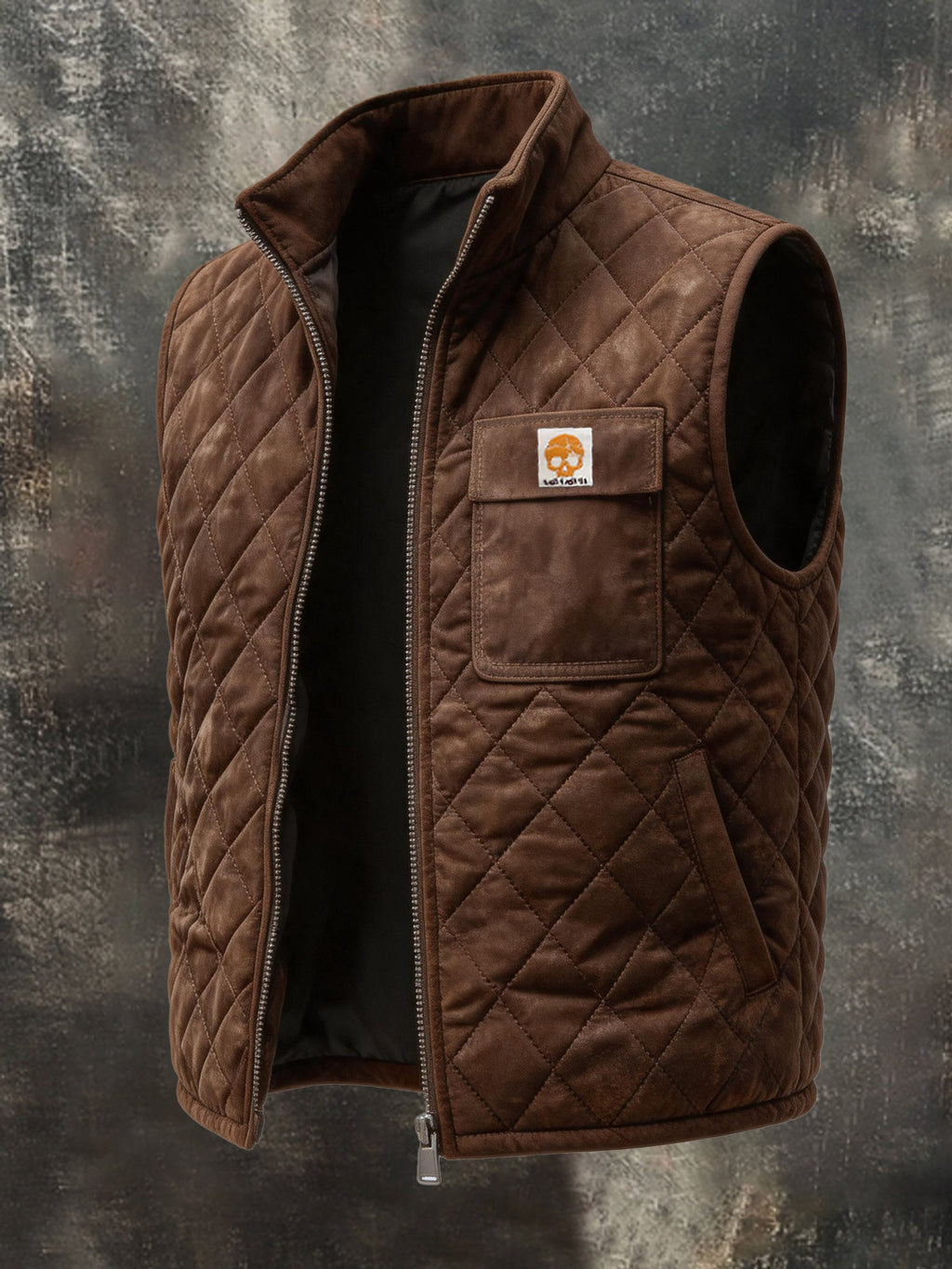 Men's Vintage-Style Distressed Diamond-Quilted Zip-Up Vest with a Stand Collar