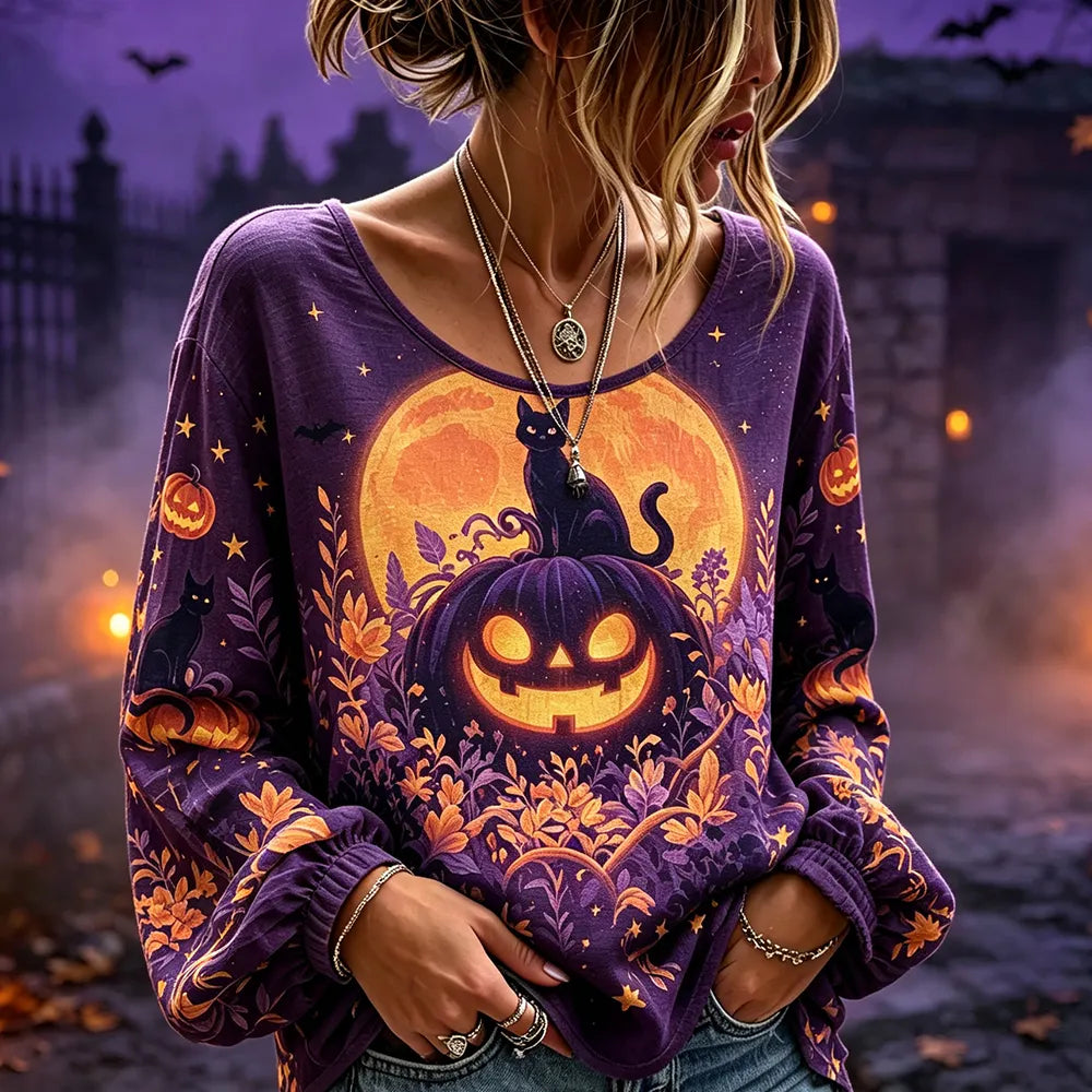 Women's Long Sleeve T-shirt Featuring Cat On Jack-o'-lantern Pumpkin And Full Moon Design