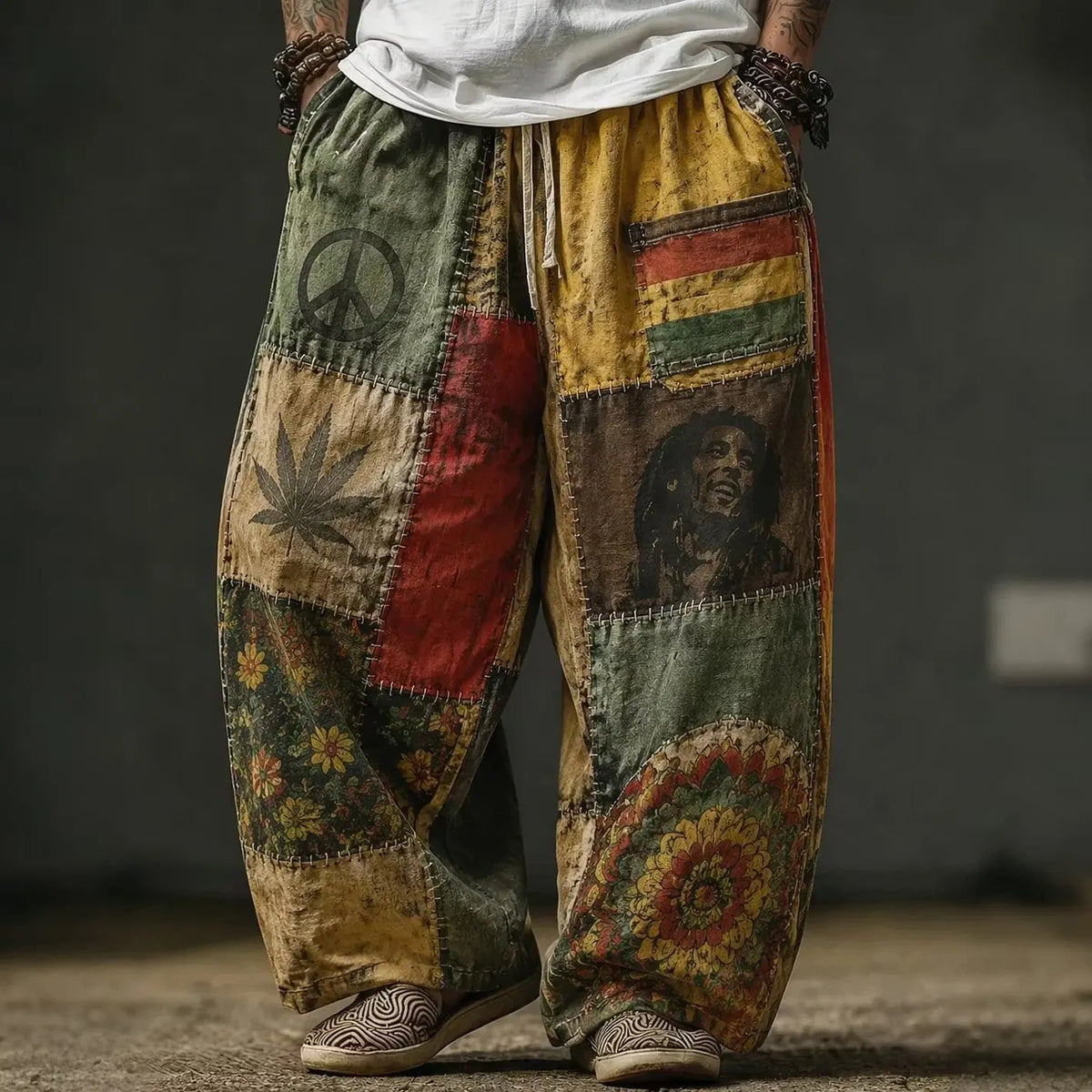 Men's Bob Marley Portrait Floral Patch Print Pants