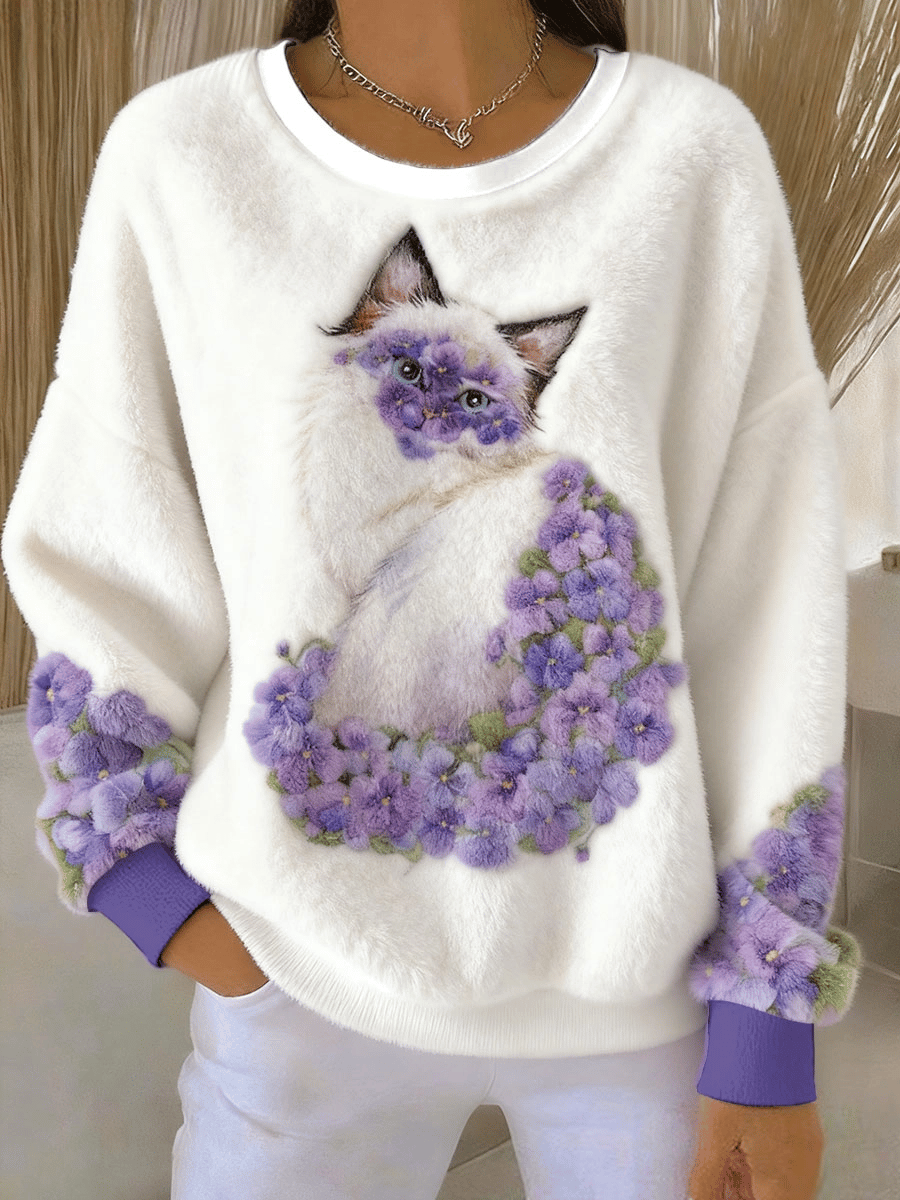 Women's Fun Cat Art Purple Floral Print Sweatshirt