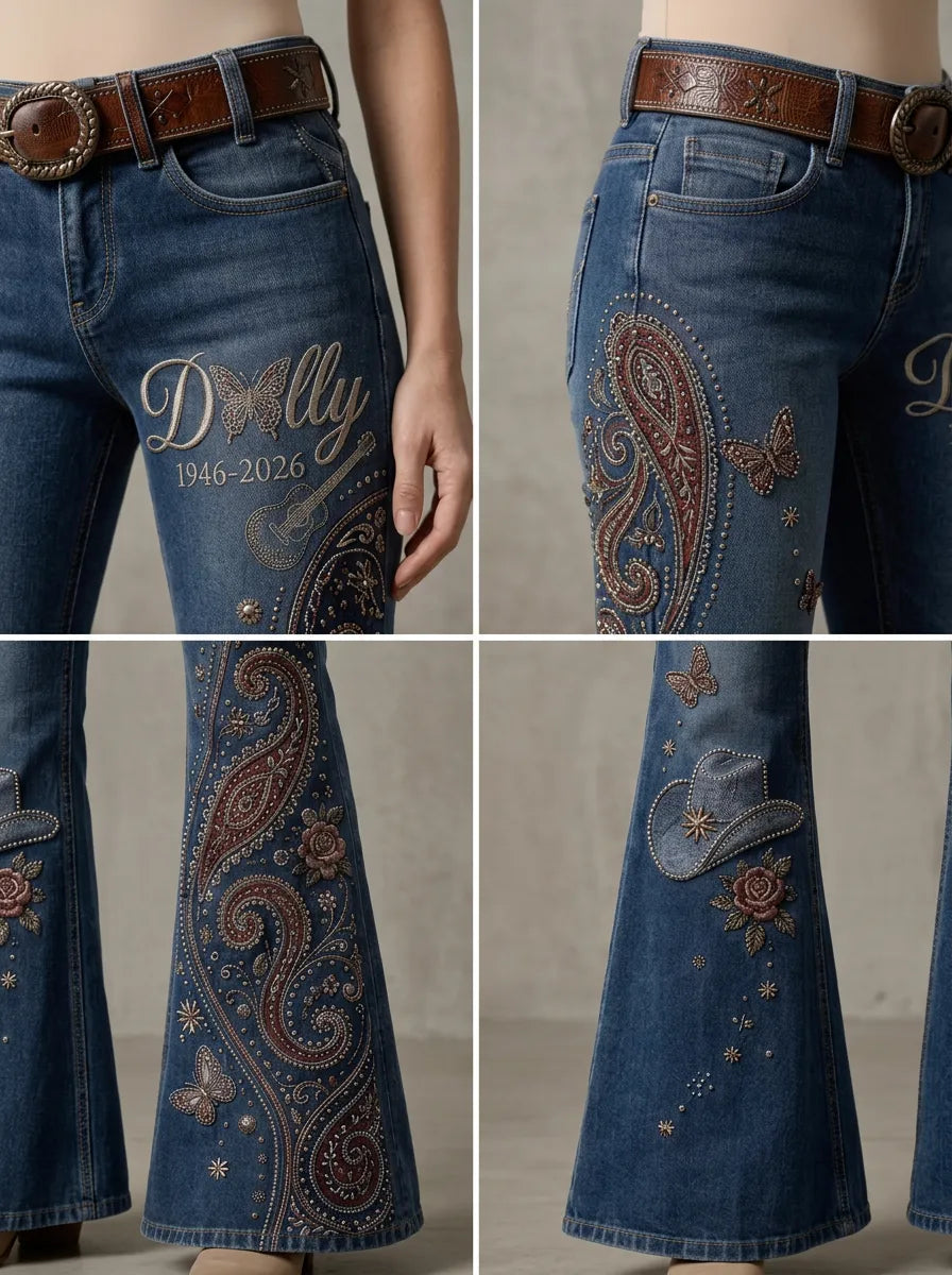 Women's Dolly Parton Butterfly Paisley Guitar Printed Flare Jeans