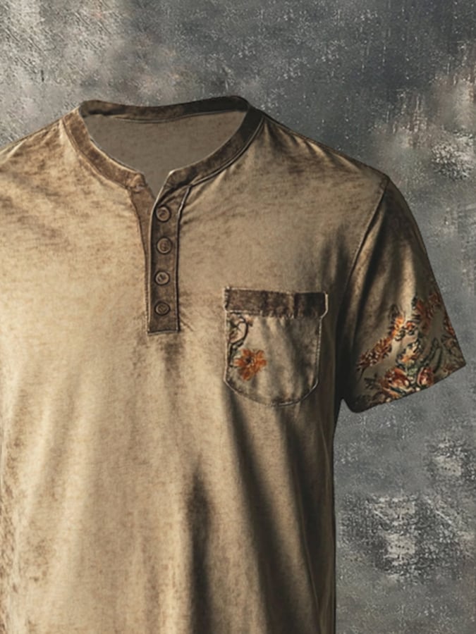 Men's casual Henley t-shirt in vintage style with floral stitching and short sleeves