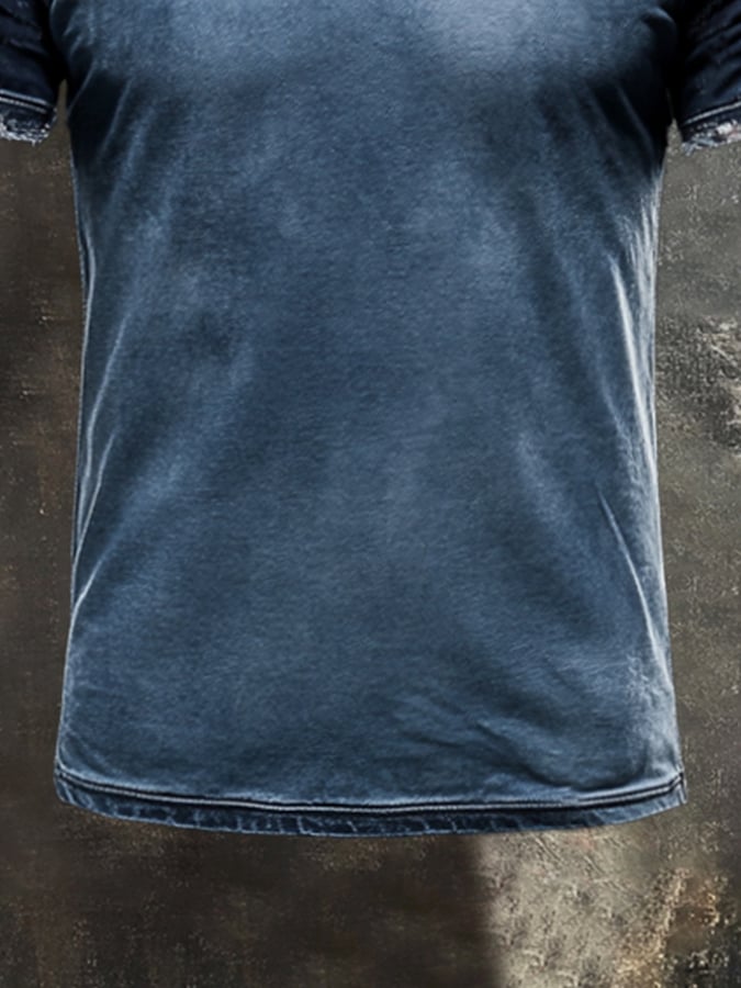 Men's casual short-sleeved retro washed colorblock t-shirt