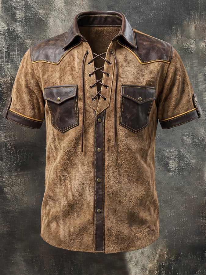 Men's Retro Faux Suede and Leather Panel Lace-Up T-Shirt