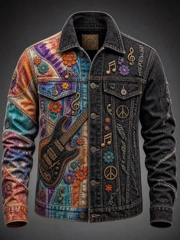 Men's Hippie Colorful Tie Dye Panels With Bright Wildflowers Print Double Pockets Long Sleeve Shirt