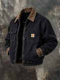 Men’S Vintage-Style Fleece-Lined Padded Workwear Jacket With Leopard-Print Paneling