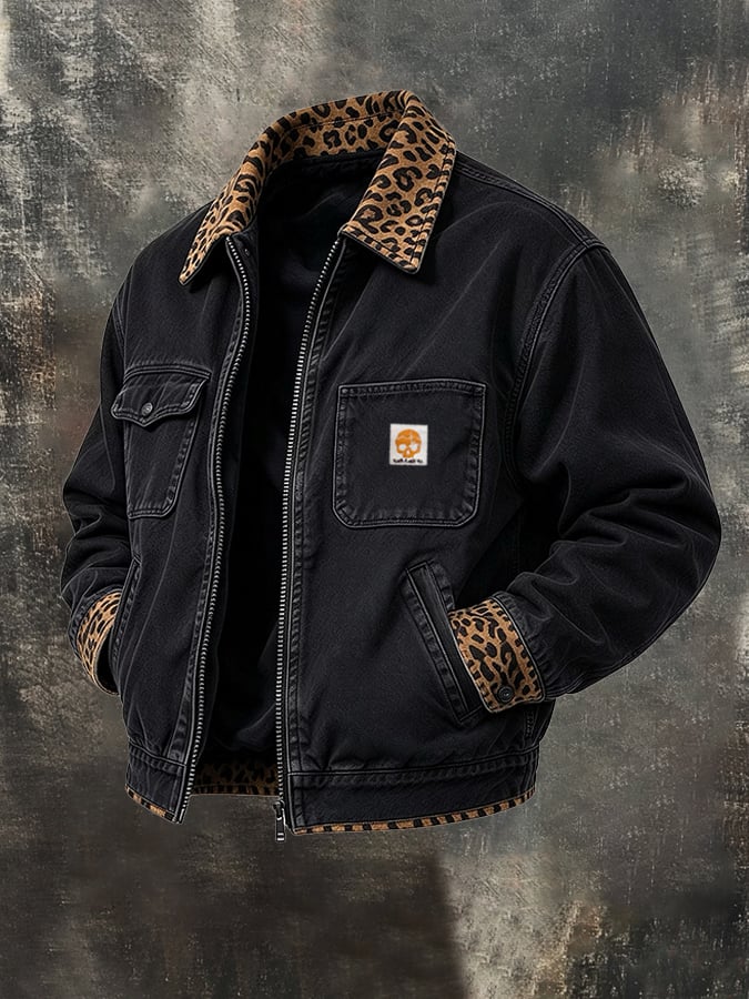 Men’S Vintage-Style Fleece-Lined Padded Workwear Jacket With Leopard-Print Paneling