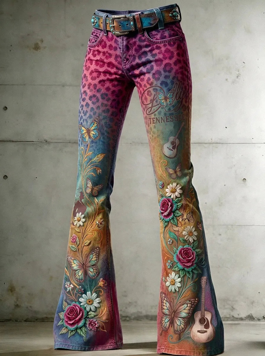 Women's Dolly Parton Tennessee 9to5 Butterfly Rose Guitar Printed Flare Pants