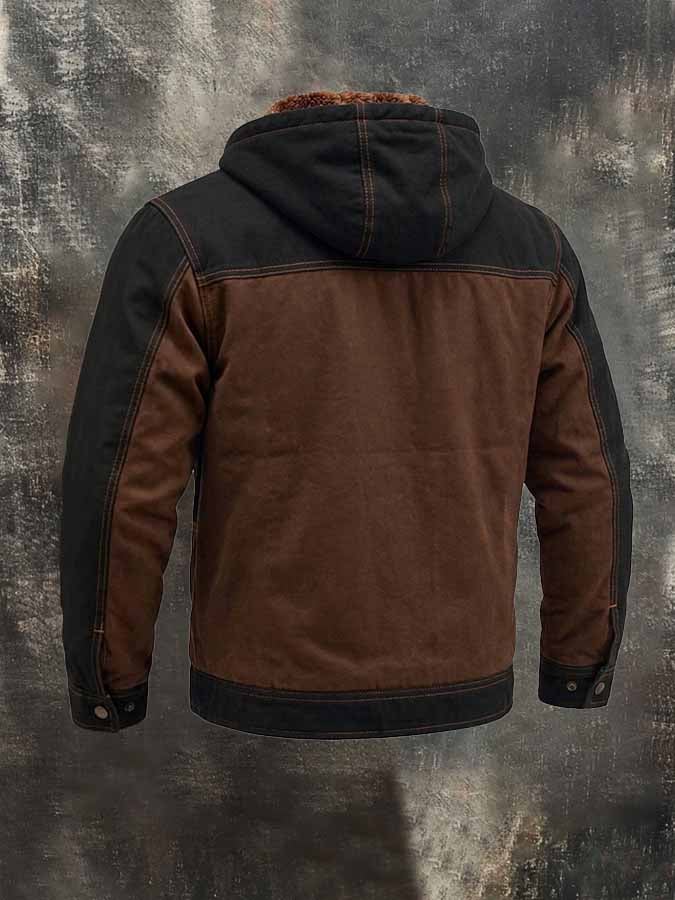 Men'S Retro Color-Block Hooded Jacket With Fleece Lining