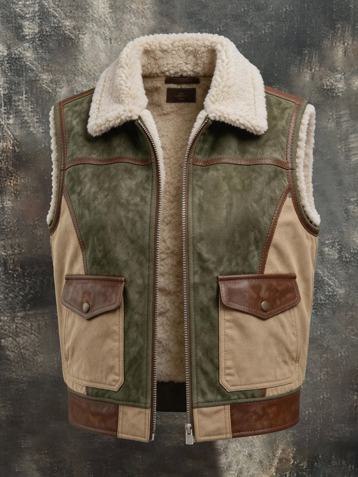Men’s Vintage-Style Color-Block Leather-Paneled Multi-Pocket Fleece-Lined Workwear Vest